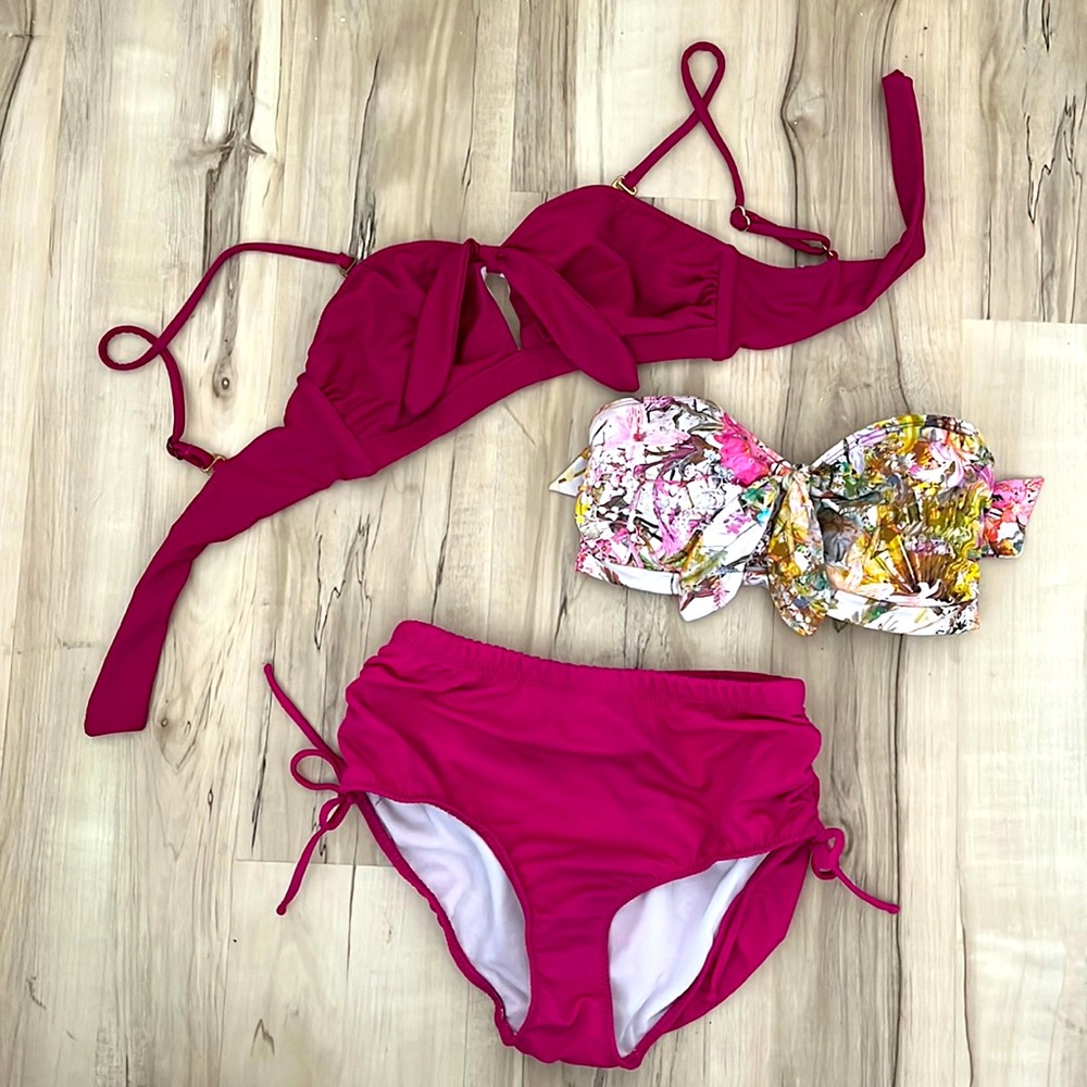 JustFab XS bathing suit fuchsia pink TWO tie back tops